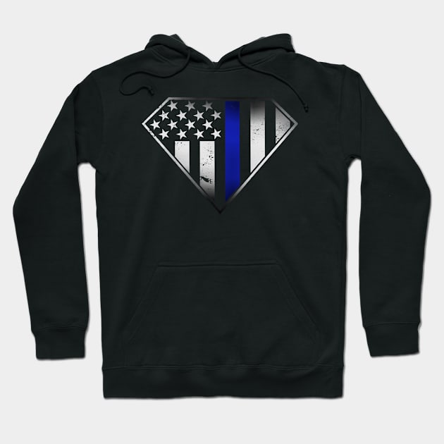 Blue Thin Line Police - Super Police Patriot Shield - Patriotic - American Flag Shield - USA Flag Blue Line Shield Hoodie by DazzlingApparel